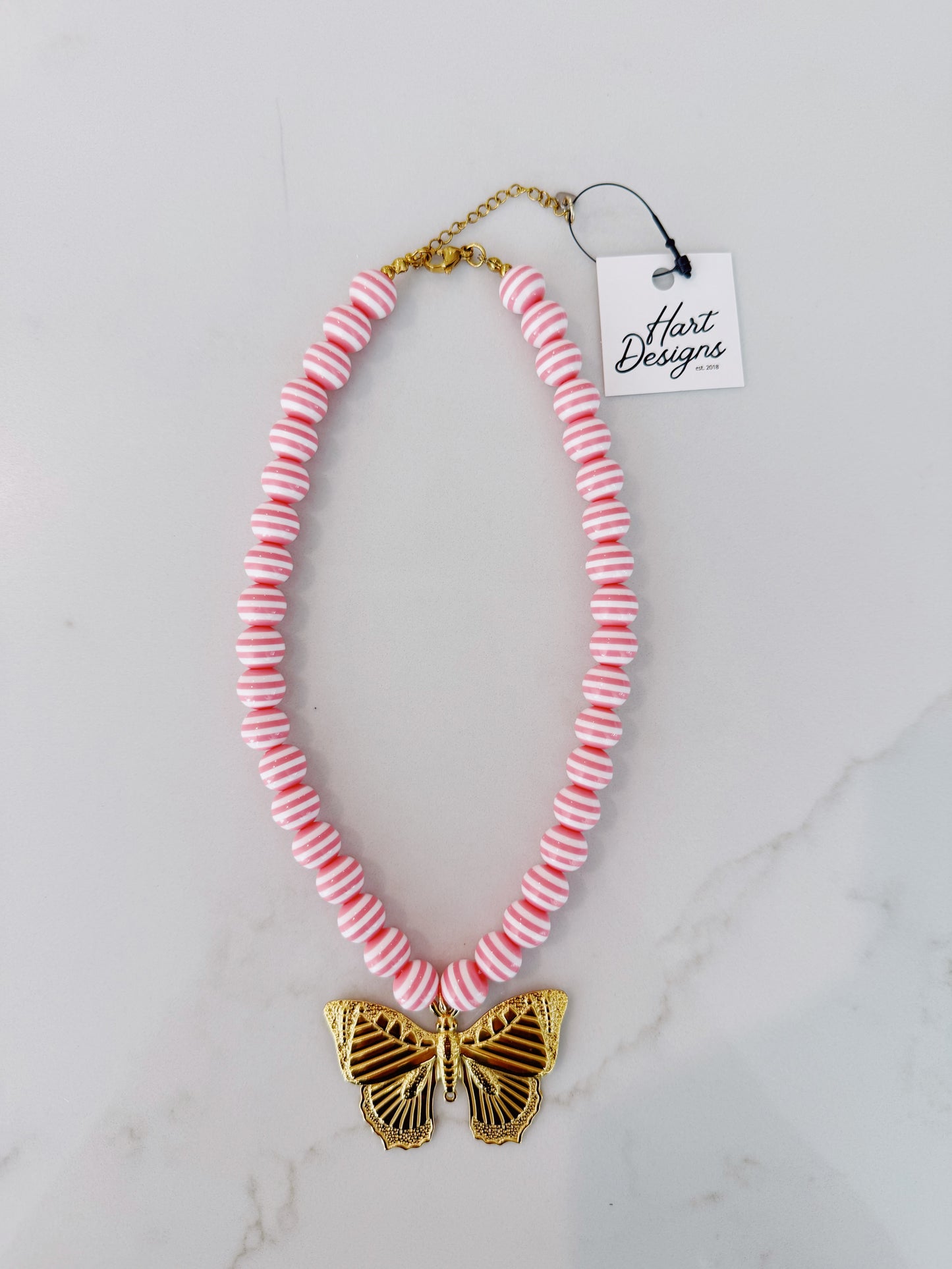 Pink Striped Butterfly Necklace