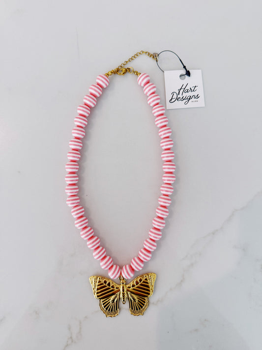 Pink Striped Butterfly Necklace