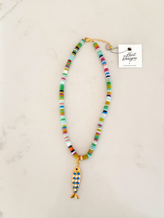 Multi Color Necklace with Blue Fish Pendant