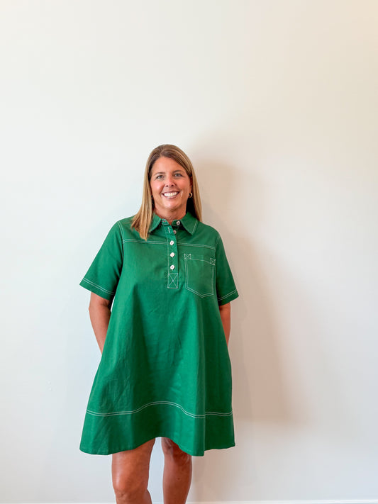 Emerald Button Mini Swing Dress